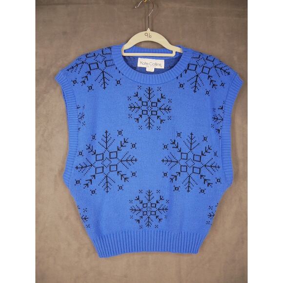 Vintage Kate Collins Sweater Vest 80s Blue Black Snowflakes Made in USA - Picture 1 of 6